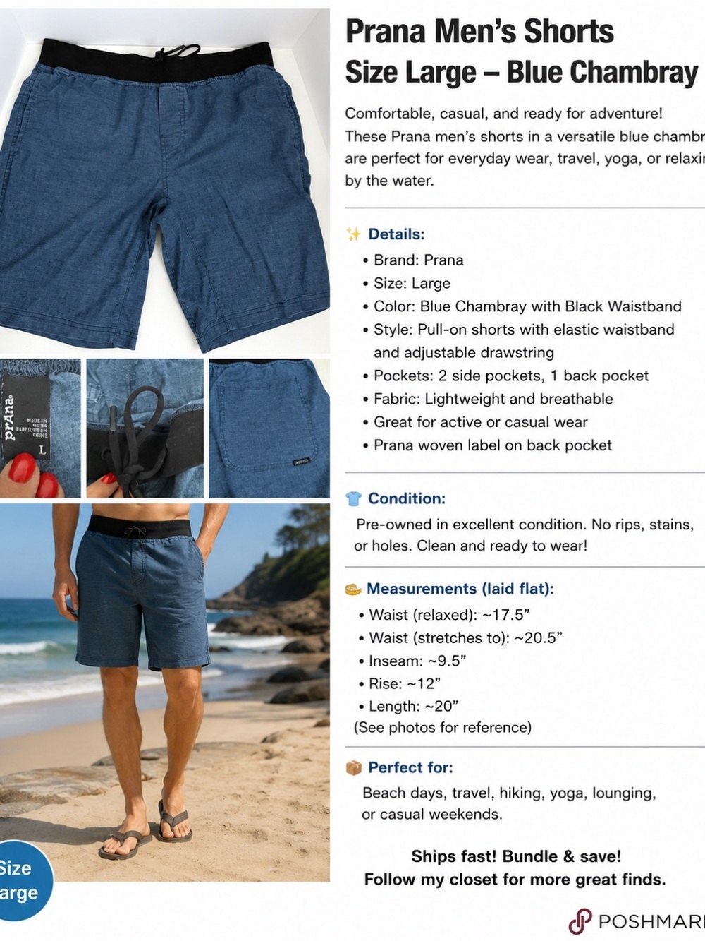 Prana Mens Size Large Blue Pull-On Short Drawstring Elastic Waist Casual Outdoor